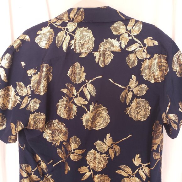 Suslo Red Collection Comfort Stretch Slim Fit Navy Blue and Gold Shiny Shirt XL - Picture 15 of 16